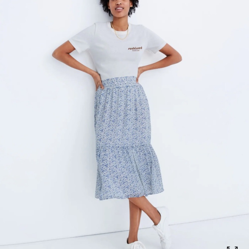 Madewell Tiered Peasant Flowy Blue & White Floral Midi Skirt, NWT Sz 2XL - Picture 7 of 13